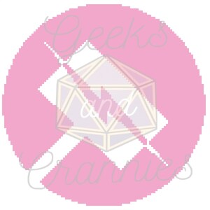 May include: Pink circle with the text "Geek's and Crannies" in a white font. A white and gray geometric shape is in the center of the circle.