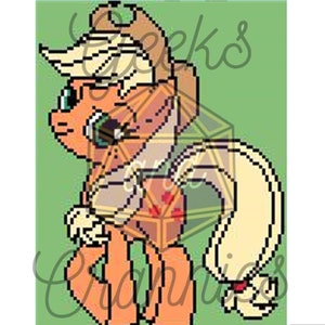 Puede incluir: Ilustración pixelada de un personaje de poni en tonos naranja, beige y crema, con un ojo verde y un símbolo de manzana roja. El fondo es verde. La imagen tiene el texto "Geeks Graphics" en cursiva.