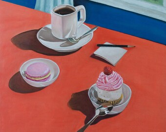 Original oil painting of coffee and cup cake.