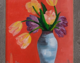 Tulips,  flower oil on canvas 9x12 in, oil painting gift, one of a kind, original painting, original art, wall hangging