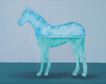 青い馬 I - フランツ・マルクの手描き油絵複製、男性的な馬が頭を傾け