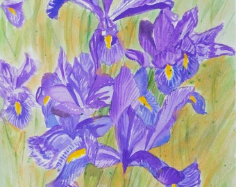 Iris flowers, 9x12 original painting, gouache, watercolor, golden ink on Arches paper. Gift for: Mother's Day.