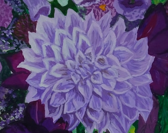 Pintura original en gouache y acuarela de flores de dalia morada.