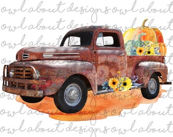 Fall Vintage Truck Digital Download. Pumpkin. Autumn. Watercolor. Floral. Watercolor. Sunflower. Sublimation Design. Clipart. PNG. Printable
