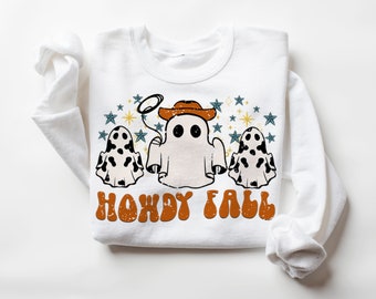 Howdy Fall Digital Download. Sublimation Design. Retro. Ghost. Character. Halloween. October. Western. Cowboy. Cowgirl. Cow Print. Boho. PNG