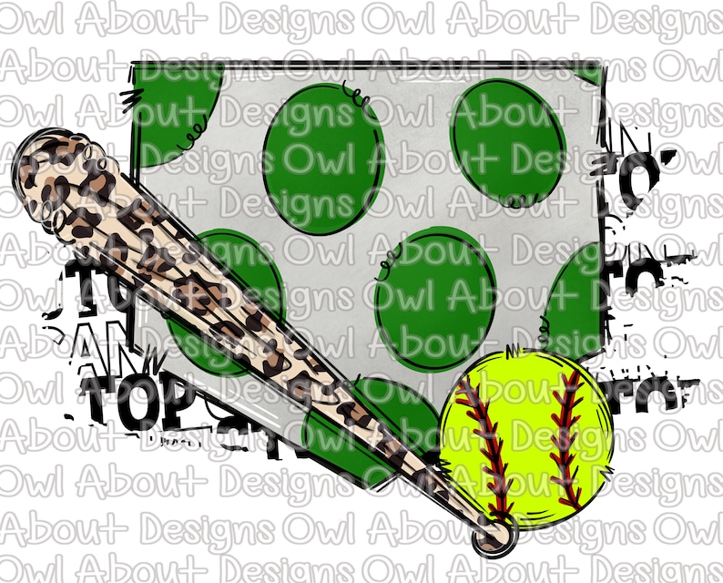 May include: A green and white softball home plate with a brown and black leopard print baseball bat and a yellow softball with red stitching.