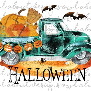 Halloween Digital Download. Antique Truck. Vintage Truck. Truck. Pumpkins. Bats. Broom. Spider. Watercolor. Sublimation Design. Clipart. PNG