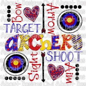 Funky Archery Digital Download. Word Art. Clipart. Sublimation Design. Bow. Arrows. Target. Heart. Shirt Design. Archery. Sports. School.