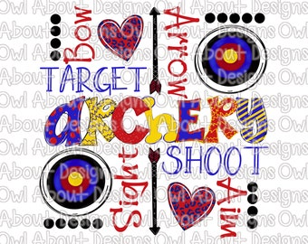 Funky Archery Digital Download. Word Art. Clipart. Sublimation Design. Bow. Arrows. Target. Heart. Shirt Design. Archery. Sports. School.