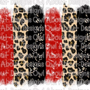 May include: A digital design featuring five vertical stripes in red, leopard print, black with gold glitter, red, and leopard print. The stripes are painted with a brushstroke effect.