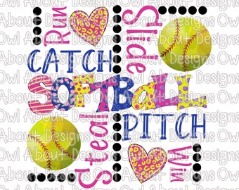 Funky Softball Digital Download. Sublimation Design. Softball. Spring Sports. Catch. Run. Hit. Pitch. Steal. Word Art. Clipart. Softball PNG