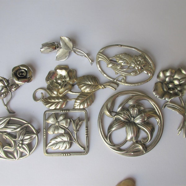 Lot of Eight Vintage Sterling Silver Flower Brooches: Danecraft, HSB, Beau Sterling