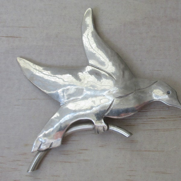 Minimalist Bird on Branch Sterling Silver Artisan Brooch, Signed E.L.F.