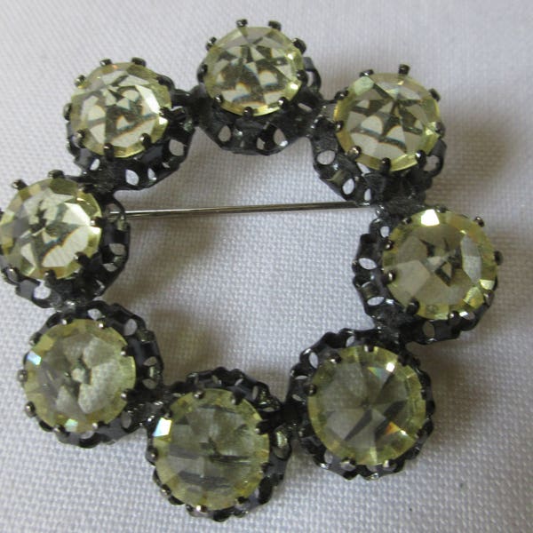 Vintage Austrian Crystal Japanned Circle Wreath Brooch; Delicate Lemony Yellow Crystal Brooch; Made in Austria