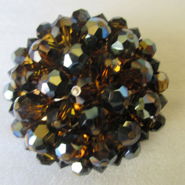 Vintage 1950-60s Round Faceted Topaz Aurora Borealis Glass Bead Cluster Brooch, Mid Century Glass Bead Pin