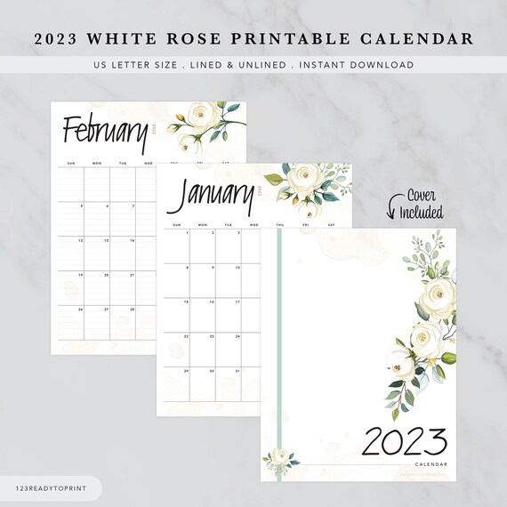 2023 Elegant White Rose Calendar Printable, Lined Unlined Textured Monthly  Calendar, Letter Size, PDF - Etsy
