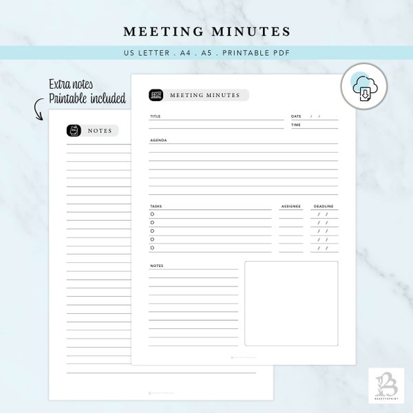Printable Meeting Minutes Template, Notes, Tasks, Digital Download, US Letter, A4, A5, PDF