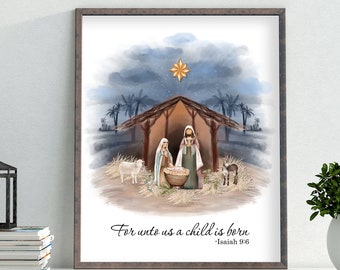 Nativity printable wall art, Manger Printable wall art, Jesus Birth digital art, Christmas printable, home decor, Isaiah 9:6, Bible verse