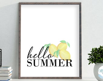 Art mural imprimable Hello Summer, imprimé citron, décoration citron, enseigne citron, téléchargement immédiat, décoration intérieure, décoration estivale, enseigne de cuisine