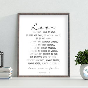 Love Is Patient, Love Is Kind, 1 Korintiërs 13:4-8, afdrukbare muurkunst, bijbelvers, bruiloftsdecor, liefdesdrukbare kunst, instant download
