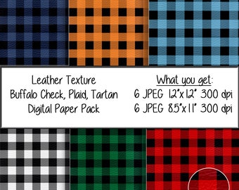 Leather textured plaid digital paper pack, tartan, buffalo check digital pattern paper (Instant Download) 12x12 and 8 1/2x11 papers