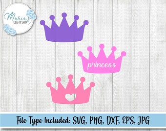 May include: Three crown designs in pink and purple. The top crown is purple. The middle crown is pink with the word "princess" inside. The bottom crown is pink with a heart inside.