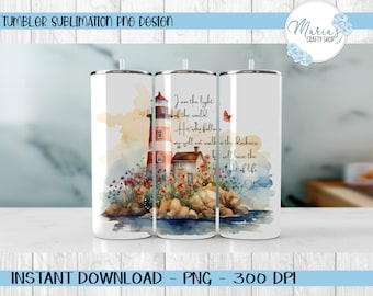 Lighthouse Tumbler Sublimation PNG, John 8:12 png, lighthouse tumbler wrap, watercolor tumbler png, 20 oz skinny tumbler straight png file