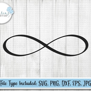 May include: A black infinity symbol on a white woodgrain background. File types included: SVG, PNG, DXF, EPS, JPG.