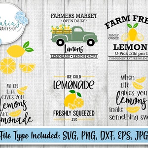 Lemon SVG Bundle, Summer svg, lemonade svg, farmers market, farm fresh, make lemonade, sign svg, cutting file in svg, png, dxf, eps, and jpg