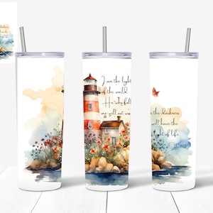 May include: A watercolor illustration of a lighthouse with a red and white striped tower, surrounded by flowers and rocks. The text "I am the light of the world. He who follows me will not walk in darkness, but will have the light of life. John 8:12" is written on the image.