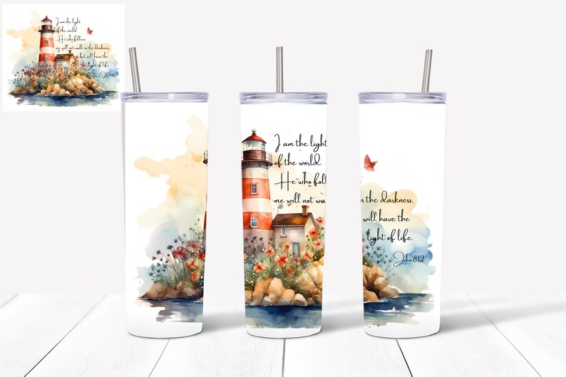 May include: A watercolor illustration of a lighthouse with a red and white striped tower, surrounded by flowers and rocks. The text "I am the light of the world. He who follows me will not walk in darkness, but will have the light of life. John 8:12" is written on the image.