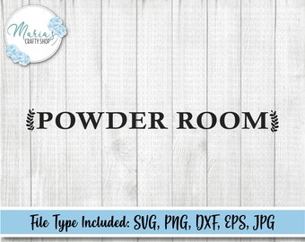 Peut inclure: Conception graphique en noir et blanc avec le texte "POWDER ROOM" en majuscules. Le texte est encadré de brins de feuilles stylisés.