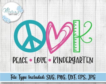 May include: Peace, love, and kindergarten design with a peace sign, heart, and ruler. The design is in teal, pink, and green.
