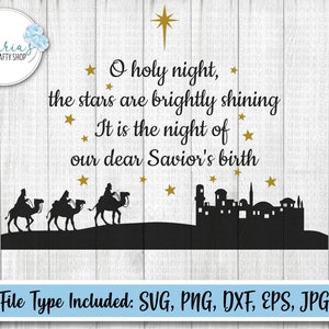 May include: A black and white Christmas-themed graphic with the text "O holy night, the stars are brightly shining, It is the night of our dear Savior's birth." Includes silhouettes of the three wise men and a city skyline.