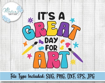 Puede incluir: ¡Es un gran día para el arte! Texto colorido con pinceles y salpicaduras de pintura. Tipos de archivos incluidos: SVG, PNG, DXF, EPS, JPG.