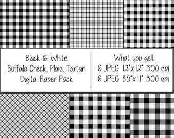Black and White plaid digital paper pack, tartan, buffalo check digital pattern paper (Instant Download) 12x12 and 8 1/2x11 papers