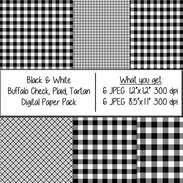 Black and White plaid digital paper pack, tartan, buffalo check digital pattern paper (Instant Download) 12x12 and 8 1/2x11 papers