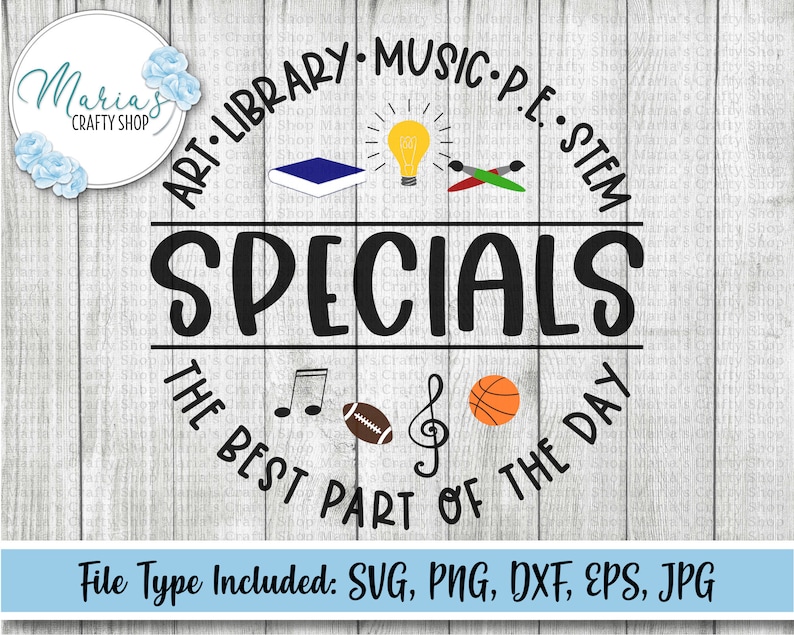 以下が含まれることがあります： 「SPECIALS THE BEST PART OF THE DAY」というテキストが円形に配置された白黒のグラフィックデザイン。円は、美術、図書館、音楽、体育、STEMなど、さまざまな学校科目を表すアイコンで囲まれています。