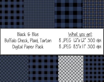 Black & Navy Plaid Digital Paper Pack: Buffalo Check, Tartan (Instant Download)