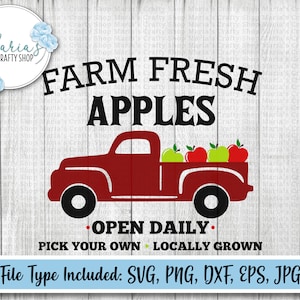 Apfel-Schild SVG, Frische Äpfel auf dem Bauernhof mit LKW, Bauernmarkt geschnitten, Herbstschild, Apfelorchard Design, Schnittdateien svg, png, dxf, eps, jpg