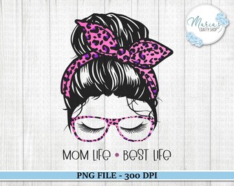 Mom Life Messy Bun PNG：ヒョウ柄ヘッドバンド昇華デザイン（デジタルダウンロード）