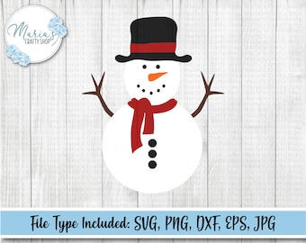 Könnte beinhalten: Illustration eines Schneemanns mit schwarzem Zylinder, rotem Schal und Zweigarmen. Der Schneemann hat eine Karottennase und schwarze Knopfaugen und -mund. Der Text "File Type Included: SVG, PNG, DXF, EPS, JPG".