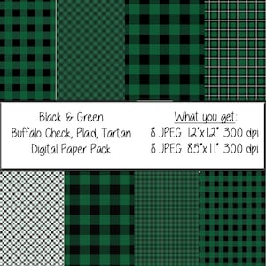 Black and Green plaid digital paper pack, tartan, buffalo check digital pattern paper (Instant Download) 12x12 and 8 1/2x11 papers