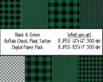 Black and Green Plaid Digital Paper Pack: Buffalo Check Tartan (Instant Download)