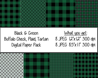 Black and Green plaid digital paper pack, tartan, buffalo check digital pattern paper (Instant Download) 12x12 and 8 1/2x11 papers