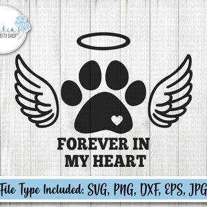 In liefdevolle herinnering hond of kat svg, voor altijd in mijn hart svg, huisdier memorial ornament, engelenvleugels met poot gesneden bestanden in svg, png, dxf, eps, jpg