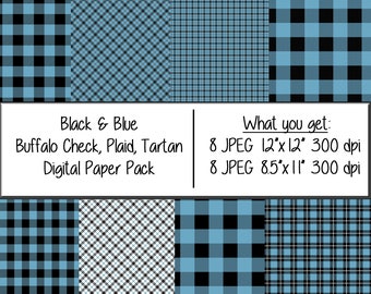 Black and Blue plaid digital paper pack, tartan, buffalo check digital pattern paper (Instant Download) 12x12 and 8 1/2x11 papers