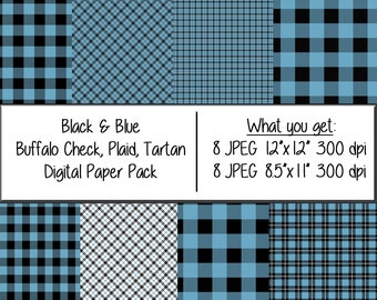 Black & Blue Plaid Digital Paper Pack, Buffalo Check, Tartan, Digital Download