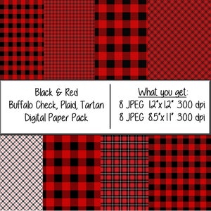 Black and Red plaid digital paper pack, tartan, buffalo check digital pattern paper (Instant Download) 12x12 and 8 1/2x11 papers