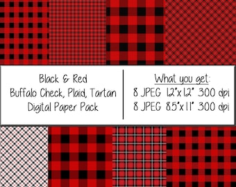 Black and Red plaid digital paper pack, tartan, buffalo check digital pattern paper (Instant Download) 12x12 and 8 1/2x11 papers